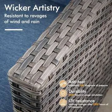 XIZZI 5 Pieces Outdoor Wicker Patio Furniture Set, All-Weather Rattan Conversation Set with Cushions, Ideal for Garden, Patio, or Backyard, Grey Wicker Denim Blue