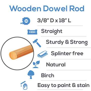 Wooden Dowel Rod, 3/8 Inch x 18 Inch Wood Dowels, Pack of 25 Wooden Dowels for Crafts, Unfinished Hardwood Wooden Dowels Rods, Strong Wood Rod Dowels for Crafting and DIYers