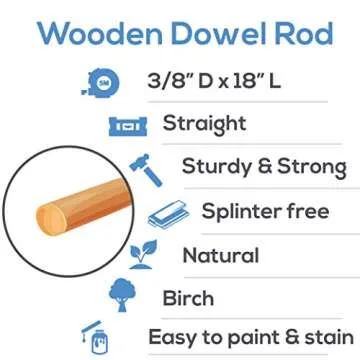 Wooden Dowel Rod, 3/8 Inch x 18 Inch Wood Dowels, Pack of 25 Wooden Dowels for Crafts, Unfinished Hardwood Wooden Dowels Rods, Strong Wood Rod Dowels for Crafting and DIYers