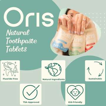 Oris Natural Toothpaste Tablets - Bite Toothpaste Tablets for Sensitive Teeth, TSA-Approved Plastic-Free & Kid-Friendly Zero Waste Travel Tabs - 62ct (Peppermint)