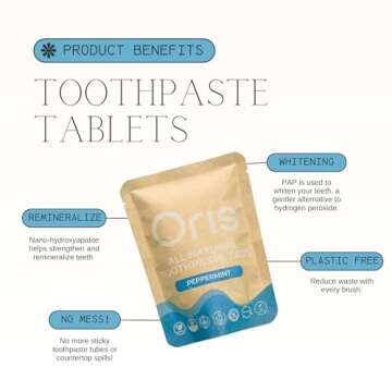 Oris Natural Toothpaste Tablets - Bite Toothpaste Tablets for Sensitive Teeth, TSA-Approved Plastic-Free & Kid-Friendly Zero Waste Travel Tabs - 62ct (Peppermint)