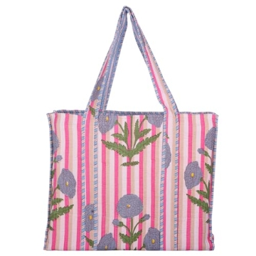 KLAVATE Women 100% Cotton Quilted Shoulder Bag Tote Bag Beach Casual Work Bag Women Large Capacity B...