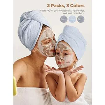 Hicober Microfiber Hair Towel, 3 Packs Hair Turbans for Wet Hair, Drying Hair Wrap Towels for Curly Hair Women Anti Frizz (Grey,Blue,Grey)