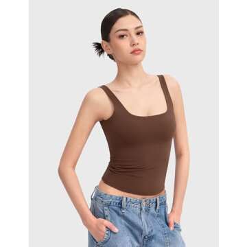 PUMIEY Tank Top for Women Square Neck Sleeveless Basic Workout Tank Tops, Chocolate X-Small
