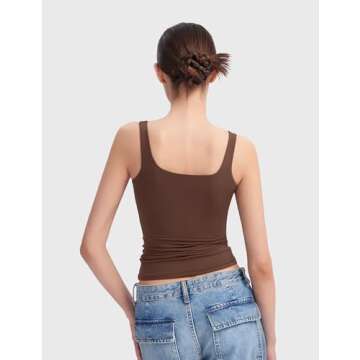 PUMIEY Tank Top for Women Square Neck Sleeveless Basic Workout Tank Tops, Chocolate X-Small