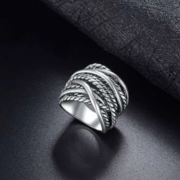 Mytys Gold and Silver Statement Rings for Women Wire Intertwined Design 14K Gold Plated Silver Band Ring Wide Index Finger Rings Costume Jewelry (Silver, 8)