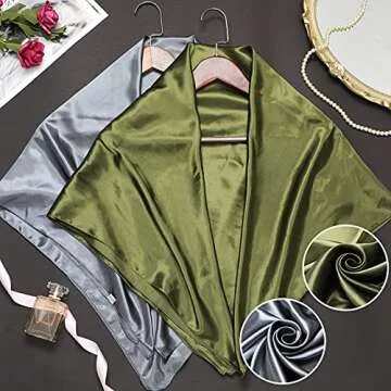 35 Inch Silk Head Scarf 2 Pcs Large Square Neck Scarf Sleeping Hair Wrapping Satin Scarf for Women (Dark Grey, Olive)