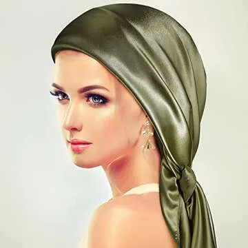 35 Inch Silk Head Scarf 2 Pcs Large Square Neck Scarf Sleeping Hair Wrapping Satin Scarf for Women (Dark Grey, Olive)