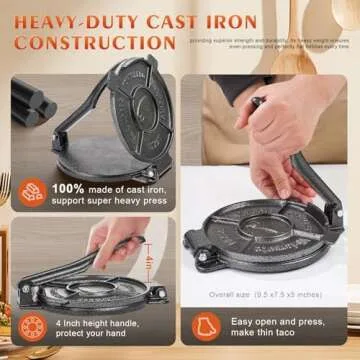 Vivicreate Cast Iron Tortilla Press Dough Flour Tortilla Rotis Quesadilla Maker Prensa para tortillas de hierro fundido
