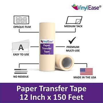 Vinyl Ease 12 inch x 150 feet roll of Paper Transfer Tape with a Medium Tack Layflat Adhesive. Works with a Variety of Vinyl. Great for Decals, Signs, Wall Words and More. V0844