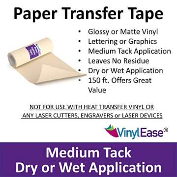 Vinyl Ease 12 inch x 150 feet roll of Paper Transfer Tape with a Medium Tack Layflat Adhesive. Works with a Variety of Vinyl. Great for Decals, Signs, Wall Words and More. V0844