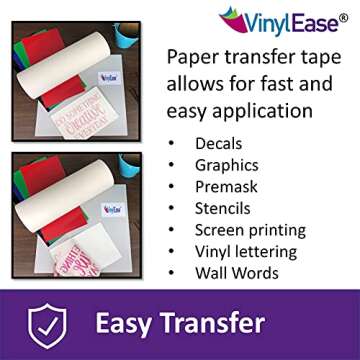 Vinyl Ease 12 inch x 150 feet roll of Paper Transfer Tape with a Medium Tack Layflat Adhesive. Works with a Variety of Vinyl. Great for Decals, Signs, Wall Words and More. V0844