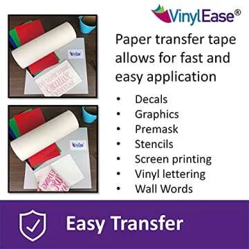 Vinyl Ease 12 inch x 150 feet roll of Paper Transfer Tape with a Medium Tack Layflat Adhesive. Works with a Variety of Vinyl. Great for Decals, Signs, Wall Words and More. V0844