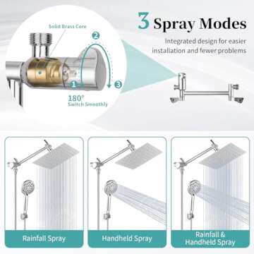 Rain Shower Head with Handheld, Lanhado 8'' High Pressure Rainfall 9 Settings Shower Head with 11'' Extension Arm, Holder & Hose, Anti-leak Waterfall, Chrome