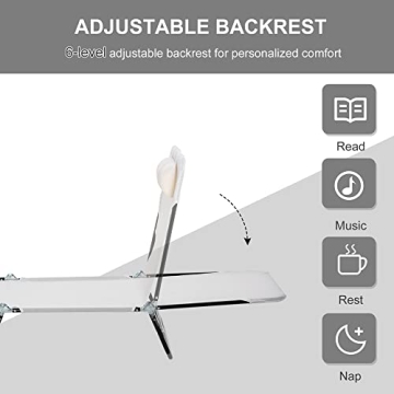 Outsunny Folding Chaise Lounge Chair, Pool Sun Tanning Chair, Outdoor Lounge Chair with Reclining Back, Breathable Mesh Seat, Headrest for Beach, Yard, Patio, Cream White