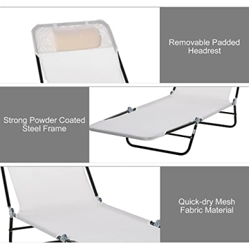 Outsunny Folding Chaise Lounge Chair, Pool Sun Tanning Chair, Outdoor Lounge Chair with Reclining Back, Breathable Mesh Seat, Headrest for Beach, Yard, Patio, Cream White