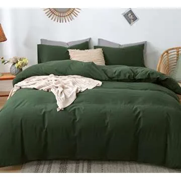 MooMee Bedding Duvet Cover Set 100% Washed Cotton Linen Like Textured Breathable Durable Soft Comfy (Forest Green, Queen)