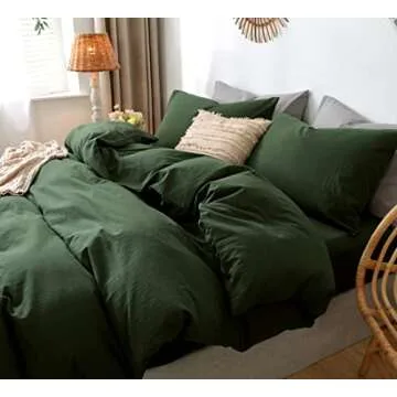 MooMee Bedding Duvet Cover Set 100% Washed Cotton Linen Like Textured Breathable Durable Soft Comfy (Forest Green, Queen)