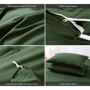 MooMee Bedding Duvet Cover Set 100% Washed Cotton Linen Like Textured Breathable Durable Soft Comfy (Forest Green, Queen)