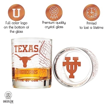 Greenline Goods - University Of Texas Whiskey Glass Set (2 Low Ball Glasses) - Contains Full Color Texas Longhorn Logo & Campus Map - Longhorns Gift College Grads & Alumni - College Cocktail Glassware