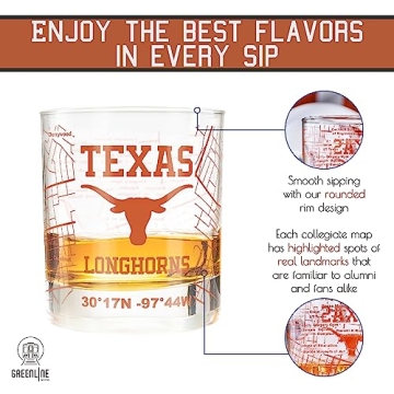Greenline Goods - University Of Texas Whiskey Glass Set (2 Low Ball Glasses) - Contains Full Color Texas Longhorn Logo & Campus Map - Longhorns Gift College Grads & Alumni - College Cocktail Glassware