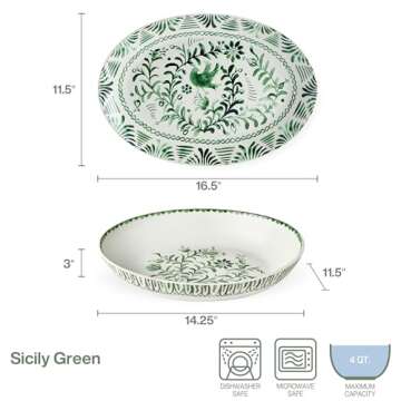 Fitz and Floyd Sicily Green Serving Bowl and Platter Set - Vibrant Floral Design
