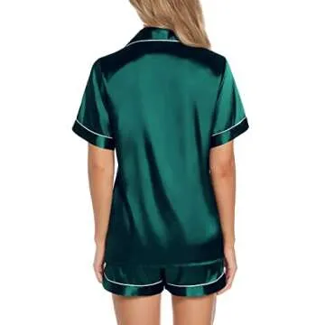 Silk Satin Pajamas Set Women's Short Sleeve Sleepwear Soft Pjs Shorts Set Two Piece Button Down Pj Set Dark Green