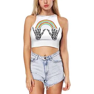 Womens Ethnic Printed High Neck Crop Top Cami Tank Top Shirt (Rainbow Skull Finger)