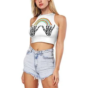 Womens Ethnic Printed High Neck Crop Top Cami Tank Top Shirt (Rainbow Skull Finger)