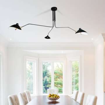 AFWAO 63" Mid-Century Modern Chandelier, Matt Black Adjustable 3-Arms Large Pendant Lighting Fixture...