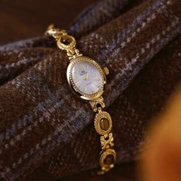 FANMIS Gold Watches for Women with Small Vintage Bracelet Elegant Jade Oval Dial Dress Watch Fashion Quartz Wrist Watch Waterproof Watch (Y Gold White)