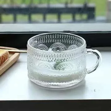 kickmove 4 Pack 14oz Glass Coffee Mugs with Spoons, Clear Embossed Vintage Cups for Latte,Cappuccino,Tea.Thanksgiving,Christmas,Valentine,Mother and Father's Day Gift for Family and Friends