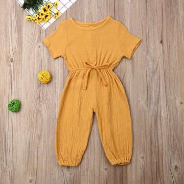 Toddler Baby Girl Summer Fall Basic Plain Short Sleeve Cotton Linen Drawstring Romper Jumpsuit (Mustard Yellow, 2-3T)