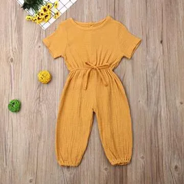 Toddler Baby Girl Summer Fall Basic Plain Short Sleeve Cotton Linen Drawstring Romper Jumpsuit (Mustard Yellow, 2-3T)