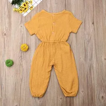 Toddler Baby Girl Summer Fall Basic Plain Short Sleeve Cotton Linen Drawstring Romper Jumpsuit (Mustard Yellow, 2-3T)