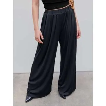 CIDER Wide Leg Palazzo Pants for Women with Pockets Elastic Business Causal Pants Women Summer for Beach Travel Trousers Black