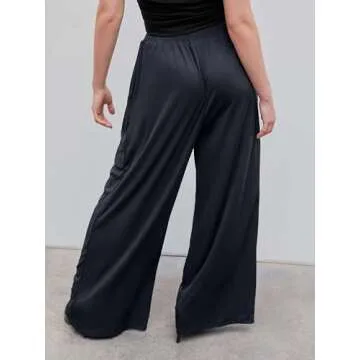 CIDER Wide Leg Palazzo Pants for Women with Pockets Elastic Business Causal Pants Women Summer for Beach Travel Trousers Black