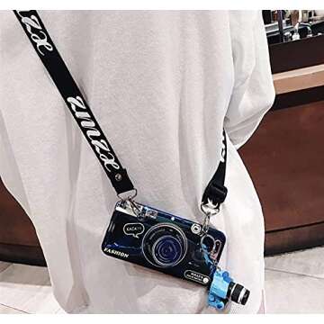 yandi Compatible iPhone 13 Pro Max Case (6.7 inch) Lanyard, Cute iPhone case Blue Ray Camera Style Phone Cover Key Chain, Bling Lightweight Soft TPU Case Cover (Blue, iPhone 13 Pro Max)