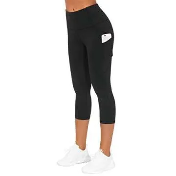 THE GYM PEOPLE Thick High Waist Capris Yoga Pants with Pockets, Tummy Control Workout Running Yoga Leggings for Women Black