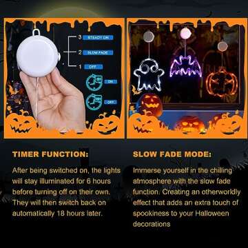 LOLStar Halloween Decorations 3 Pack Orange Pumpkin, White Ghost, Purple Bat Halloween Window Lights with Suction Cup, Battery Operated Halloween Lights, Upgrade Slow Fade Mode and Timer Function