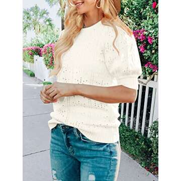 MEROKEETY Women's 2025 Spring Puff Short Sleeve Sweater Tops Pointelle Lightweight Pullover Shirts W...