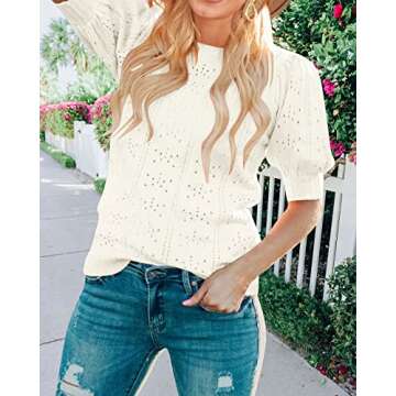 MEROKEETY Women's 2025 Spring Puff Short Sleeve Sweater Tops Pointelle Lightweight Pullover Shirts White