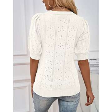 MEROKEETY Women's 2025 Spring Puff Short Sleeve Sweater Tops Pointelle Lightweight Pullover Shirts White