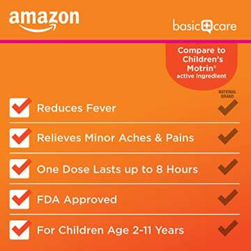 Amazon Basic Care Children's Ibuprofen Oral Suspension 100 mg per 5 mL, Pain Reliever and Fever Reducer, Non-Staining Dye-Free Berry , For Sore Throat, Headache and Toothache, 8 fl oz (Pack of 1)