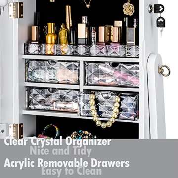 YOKUKINA Mirror Jewelry Cabinet Standing, Large Storage Jewelry Armoire, Full-Length Frameless Mirror with Jewelry Storage, 12 LED Lockable Standing Jewelry Organizer (White)