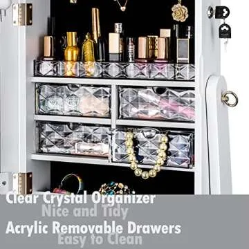 YOKUKINA Mirror Jewelry Cabinet Standing, Large Storage Jewelry Armoire, Full-Length Frameless Mirror with Jewelry Storage, 12 LED Lockable Standing Jewelry Organizer (White)