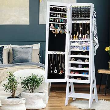 YOKUKINA Mirror Jewelry Cabinet Standing, Large Storage Jewelry Armoire, Full-Length Frameless Mirror with Jewelry Storage, 12 LED Lockable Standing Jewelry Organizer (White)