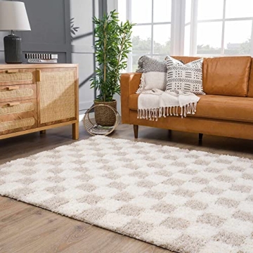 Hauteloom Atira Checkered Shag Area Rug - Checkboard Design - High Pile Fluffy Shaggy Touch - Square...