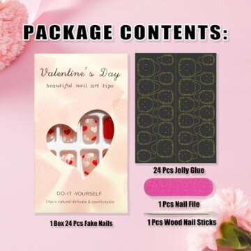 24Pcs Valentine's Nails Press on Nails Short Square Heart Fake Nails with Glue Solid Color Glossy Valentine's Day Nails Heart Full Cover False Nails Stick on Nails for Women and Girls