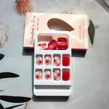 24Pcs Valentine's Nails Press on Nails Short Square Heart Fake Nails with Glue Solid Color Glossy Valentine's Day Nails Heart Full Cover False Nails Stick on Nails for Women and Girls